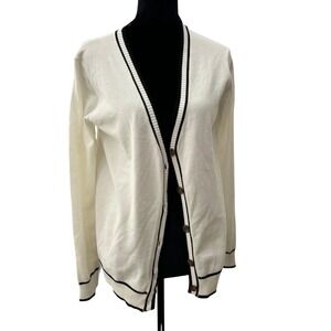 Select + Trend Ivory White Cardigan Black Varsity Trim V-Neck Sweater Small